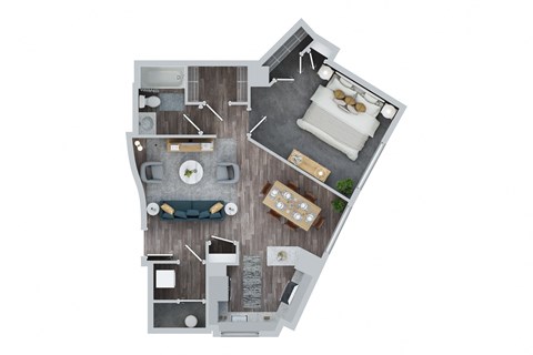 Floor plan for 1 bed, 1 bath, 741 sqft